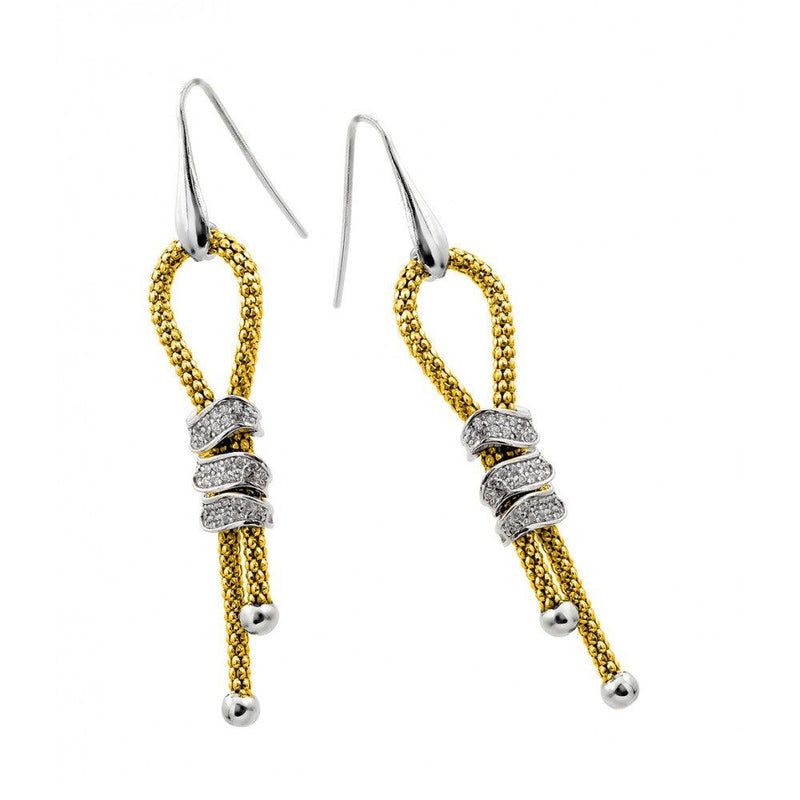 Silver 925 Rhodium and Gold Plated Dangling Ribbon Center Rectangular CZ Inlay Dangling Hook Earrings - ECE011GP | Silver Palace Inc.