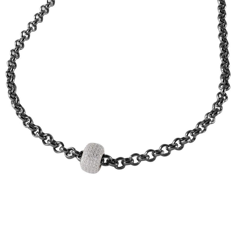 Silver 925 Black Rhodium Plated Rolo Chain Necklace with Micro Pave CZ Round Pendant - ECN00008BW | Silver Palace Inc.