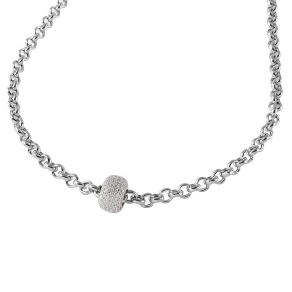 Silver 925 Rhodium Plated Rolo Chain Necklace with Micro Pave CZ Round Pendant - ECN00008RH | Silver Palace Inc.