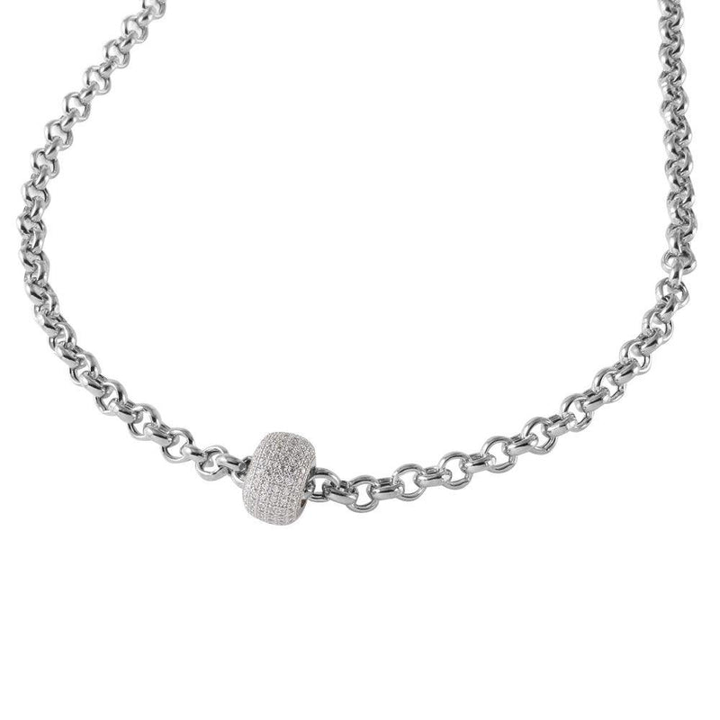 Silver 925 Rhodium Plated Rolo Chain Necklace with Micro Pave CZ Round Pendant - ECN00008RH | Silver Palace Inc.