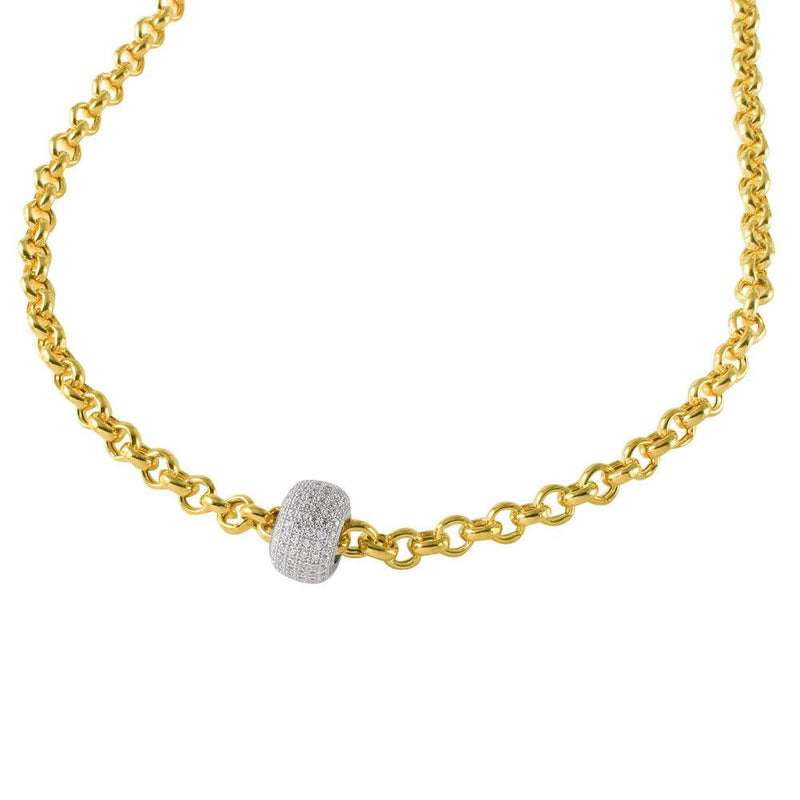 Silver 925 Gold Plated Rolo Chain Necklace with Micro Pave CZ Round Pendant - ECN00008YW | Silver Palace Inc.