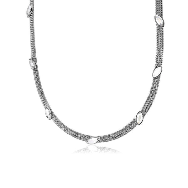 Silver 925 Rhodium Plated Italian Necklace with Marquise Stone Crystals - ECN00009RH | Silver Palace Inc.