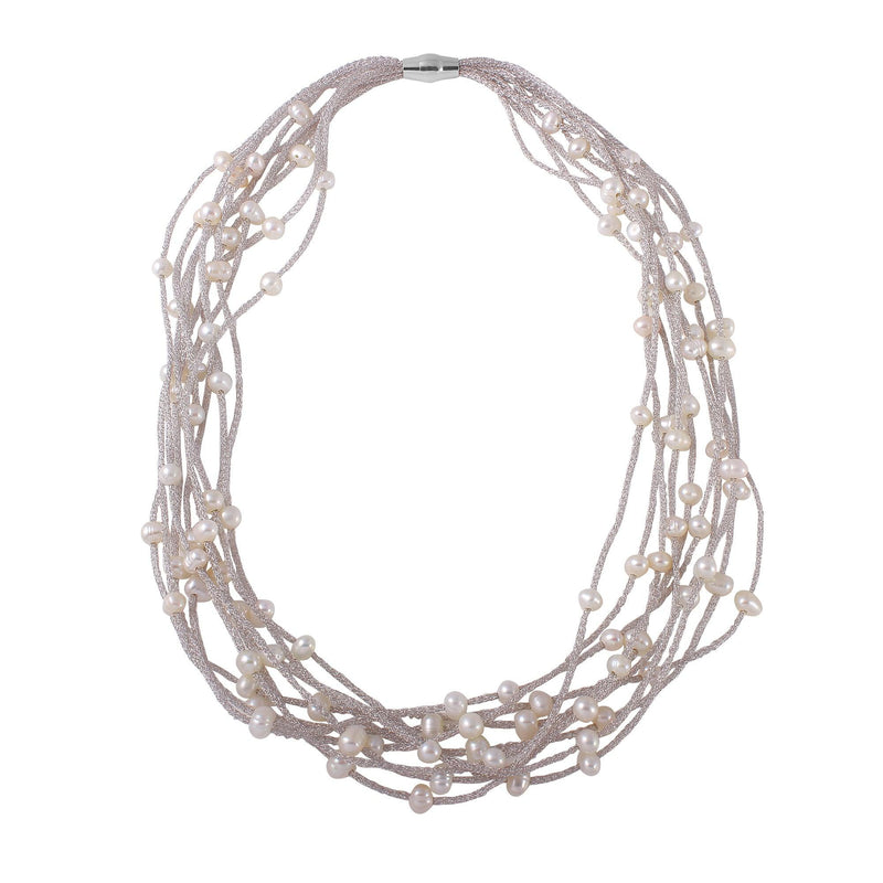 Silver 925 Rhodium Plated Multi Strand With Fresh Pearl Accent Necklace - ECN00018RH | Silver Palace Inc.