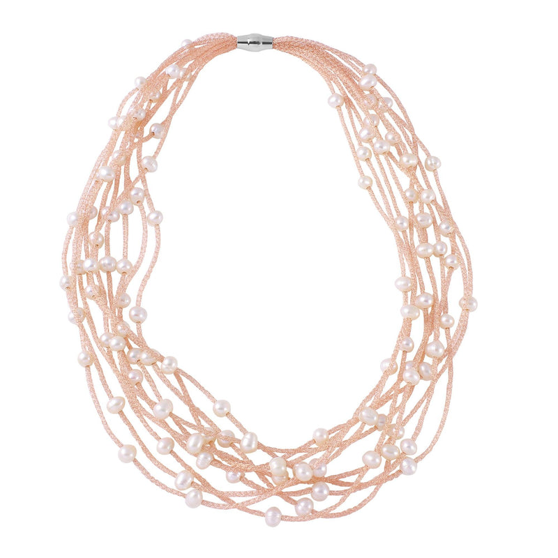 Silver 925 Rose Gold Plated Multi Strand With Fresh Pearl Accent Necklace - ECN00018R | Silver Palace Inc.