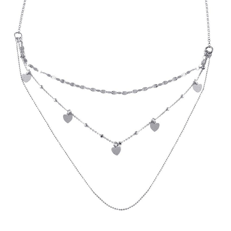 Silver 925 Rhodium Plated Multi Chain Dangling Hearts Necklace - ECN00054RH | Silver Palace Inc.