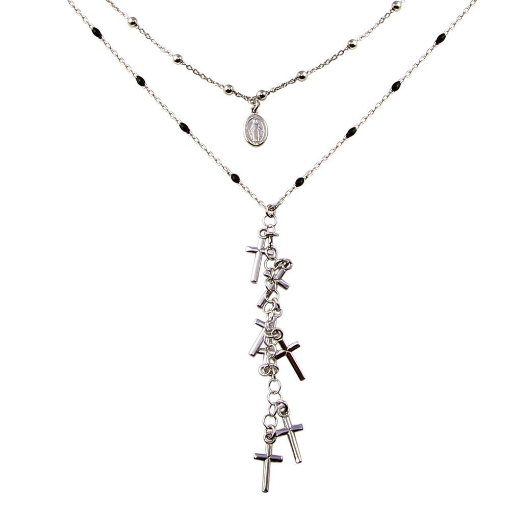 Silver 925 Rhodium Plated Dangling Crosses Enamel Bead Necklace - ECN00061RH | Silver Palace Inc.