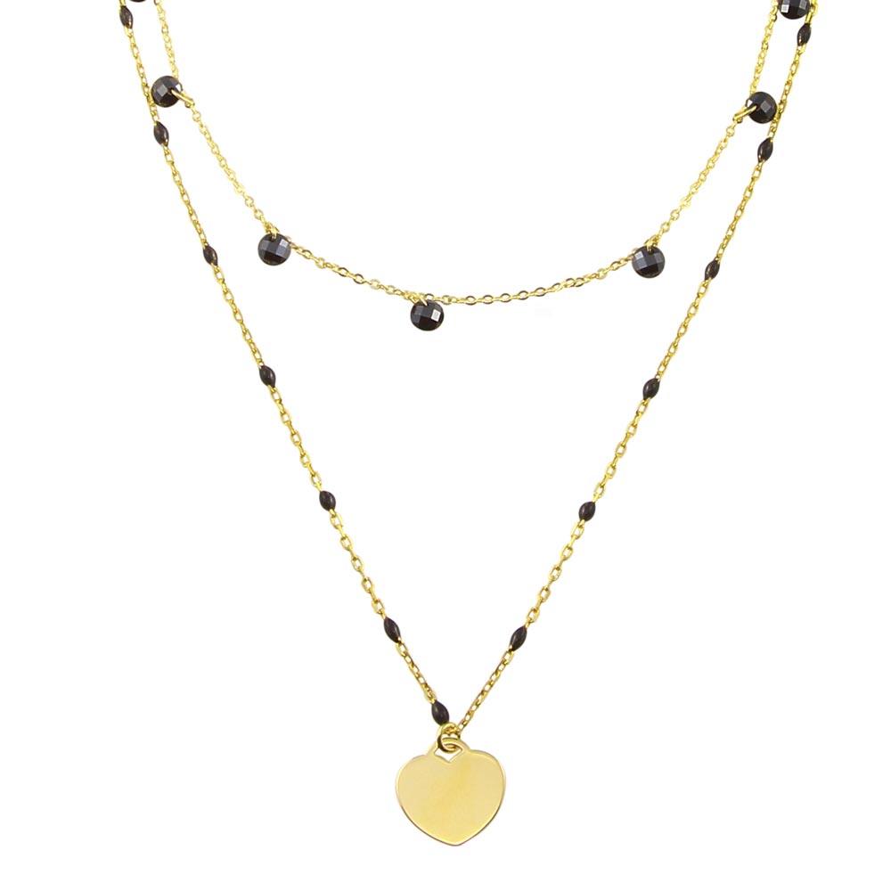 Silver 925 Gold Plated Multi Chain Black CZ Enamel Beaded Heart Necklace - ECN00063GP | Silver Palace Inc.
