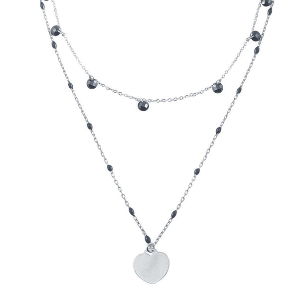 Silver 925 Rhodium Plated Multi Chain Black CZ Enamel Beaded Heart Necklace - ECN00063RH | Silver Palace Inc.