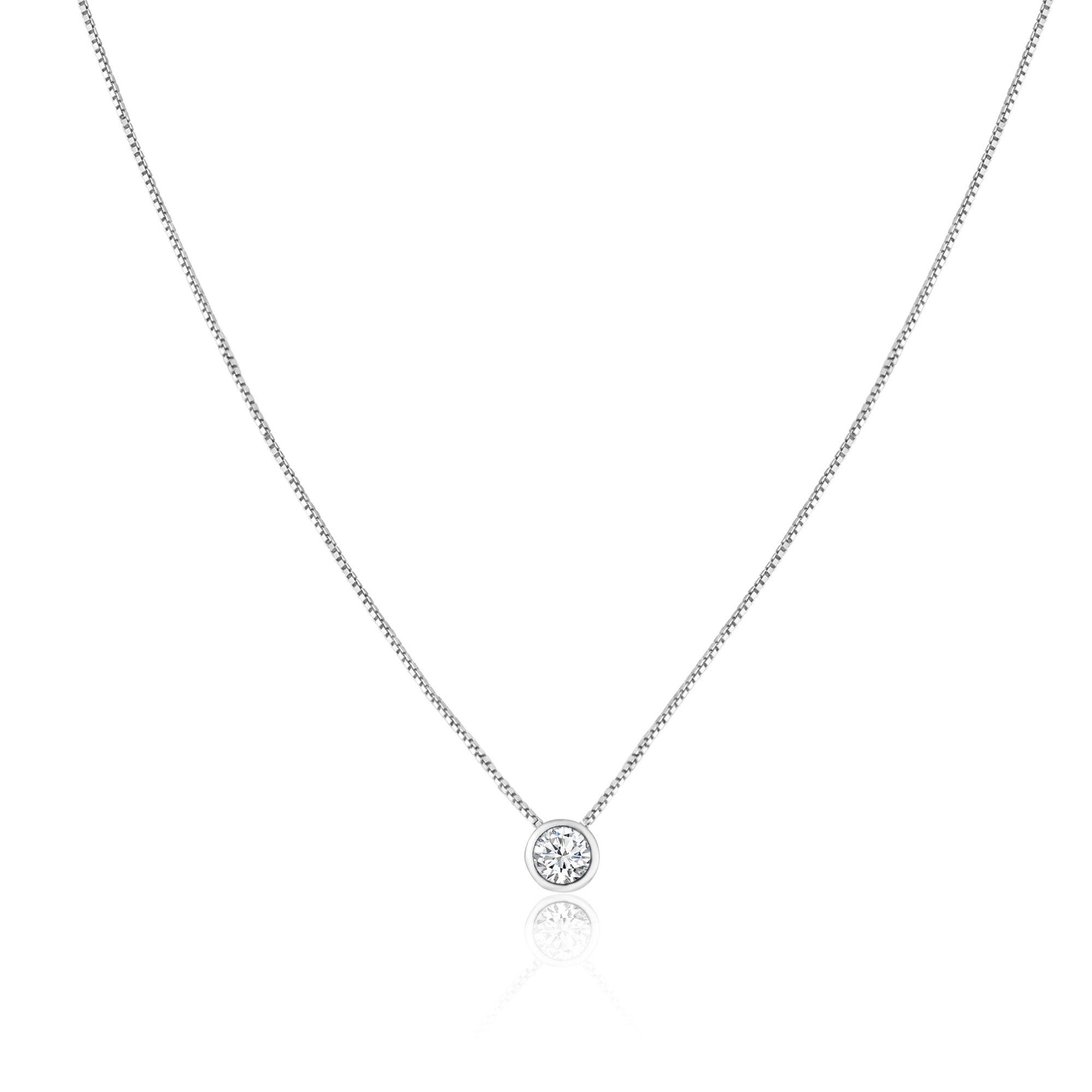 Silver 925 Clear CZ Rhodium Plated Round Solitaire CZ Necklace 