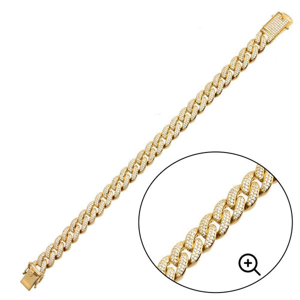 Silver 925 Gold Plated CZ Encrusted Miami Cuban Link Bracelet 11.5mm - GMB00091GP | Silver Palace Inc.