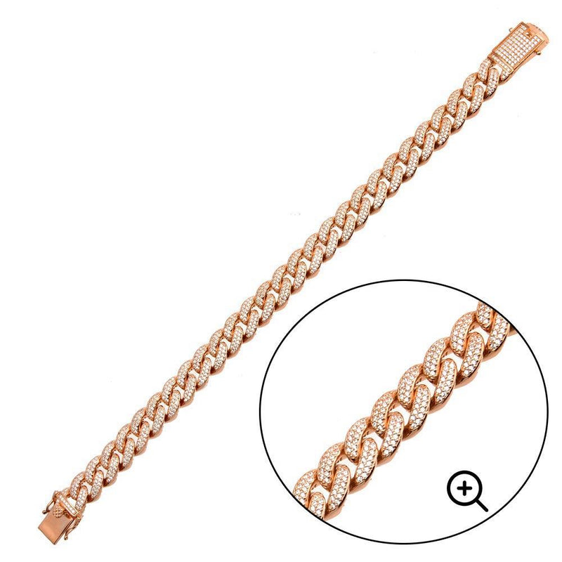 Silver 925 Rose Gold Plated CZ Encrusted Miami Cuban Link Bracelet 11.5mm - GMB00091R | Silver Palace Inc.
