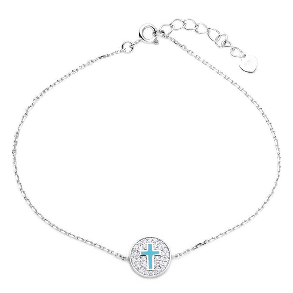 Silver 925 Rhodium Plated Bracelet with CZ Encrusted Cross Disc - GMB00040 | Silver Palace Inc.