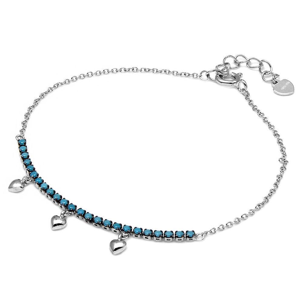 Silver 925 Rhodium Plated Turquoise Stones with Hanging Hearts Bracelet - GMB00041BLK-T | Silver Palace Inc.