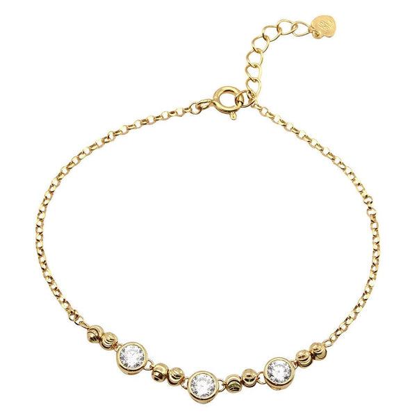 Silver 925 Gold Plated Beaded 3 Stones Link Bracelet - GMB00053GP | Silver Palace Inc.