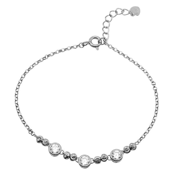 Silver 925 Rhodium Plated Beaded 3 Stones Link Bracelet - GMB00053RH | Silver Palace Inc.