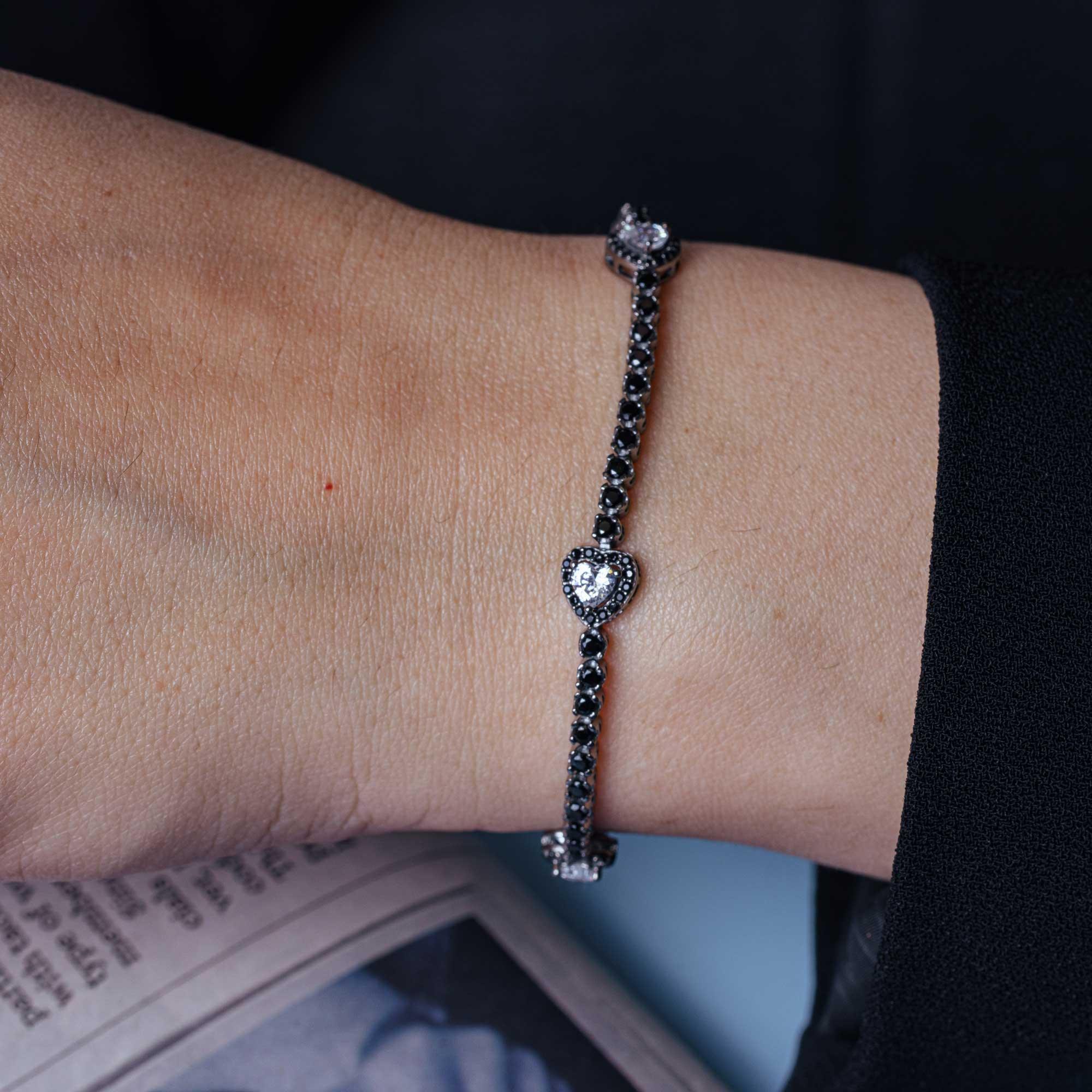 Rhodium Plated 925 Sterling Silver Heart Tennis Bracelet with