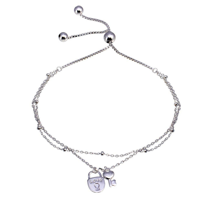 Silver 925 Rhodium Plated Layered Lock and Key Chain Lariat Bracelet - GMB00071 | Silver Palace Inc.