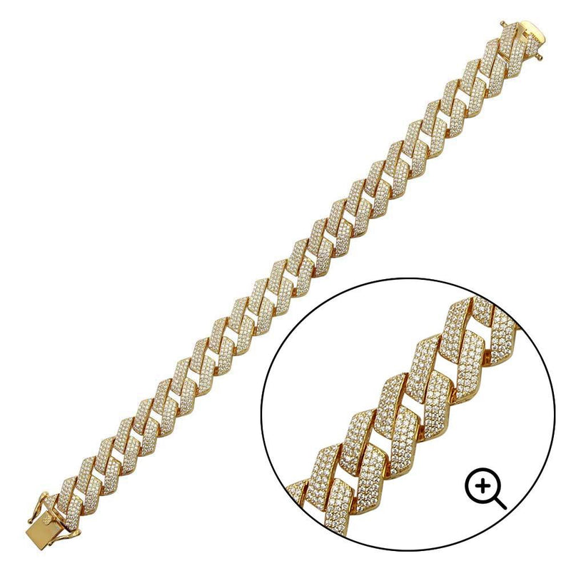 Silver 925 Gold Plated CZ Encrusted Square Miami Cuban Link Bracelet 14.5mm - GMB00075GP | Silver Palace Inc.