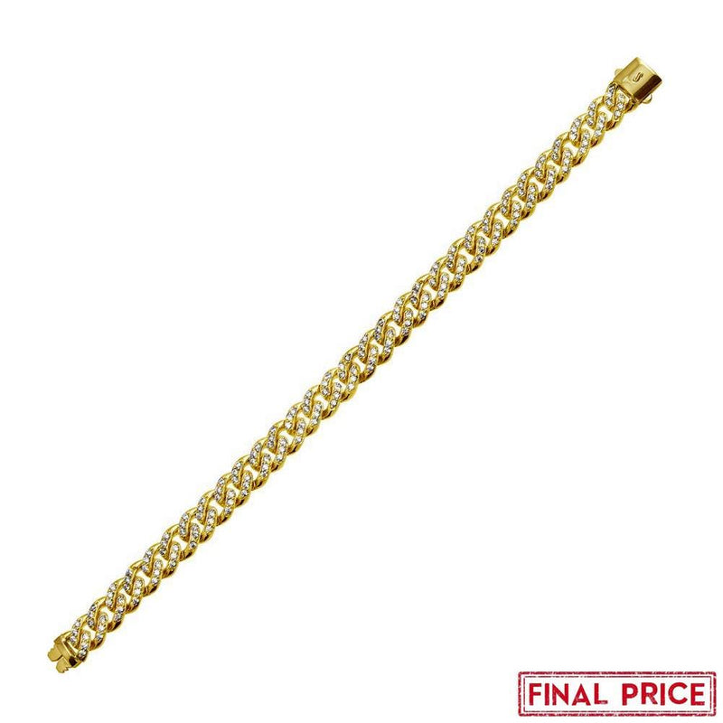 Silver 925 Gold Plated CZ Encrusted Miami Cuban Link  Plain Lock Bracelet 9mm - GMB00085GP | Silver Palace Inc.