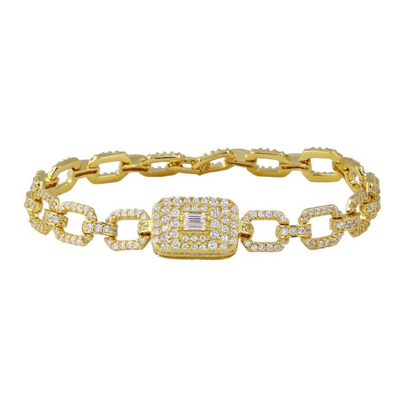 Silver 925 Gold Plated Square Link CZ and Baguette Bracelet - GMB00103GP | Silver Palace Inc.