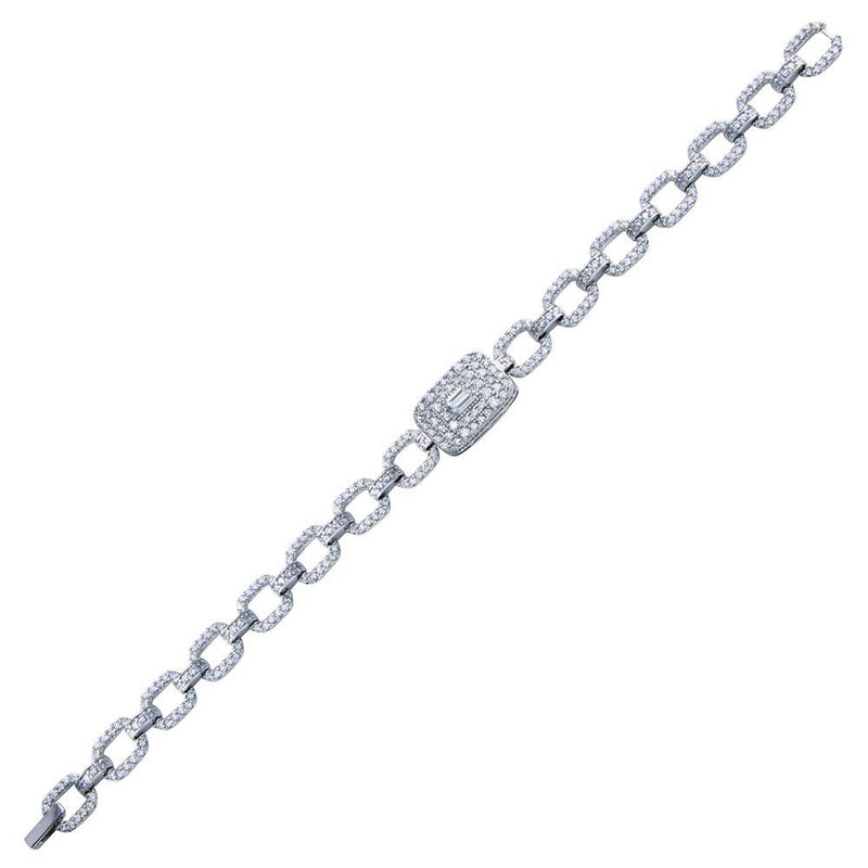 Rhodium Plated 925 Sterling Silver Square Link CZ and Baguette Bracelet - GMB00103 | Silver Palace Inc.