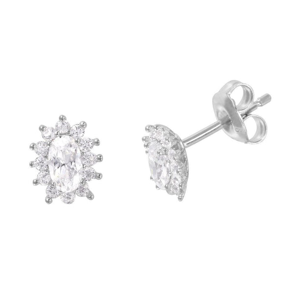Silver 925 Rhodium Plated Oval CZ Burst Stud Earrings - GME00012 | Silver Palace Inc.