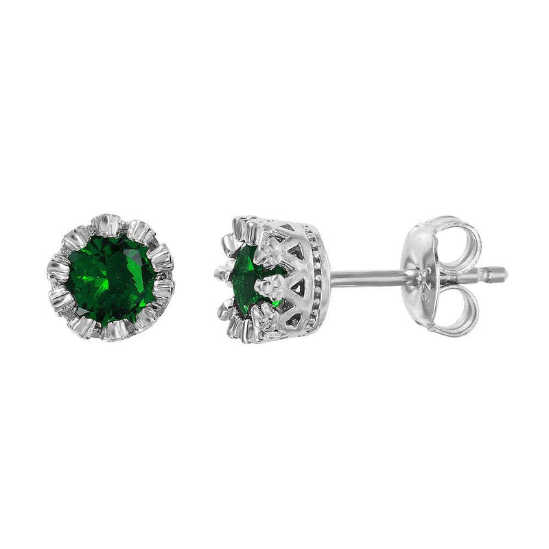 Silver 925 Rhodium Plated Crown Set Studs with Green CZ Stone - GME00034RH-GREEN | Silver Palace Inc.