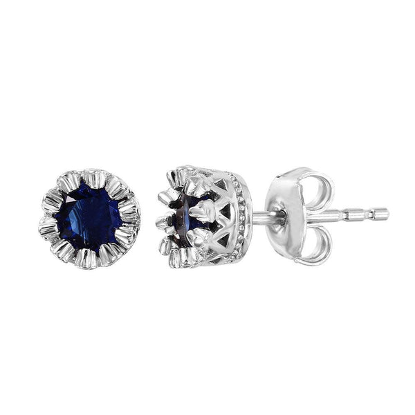 Silver 925 Rhodium Plated Crown Set Studs with Blue CZ Stone - GME00034RH-BLU | Silver Palace Inc.