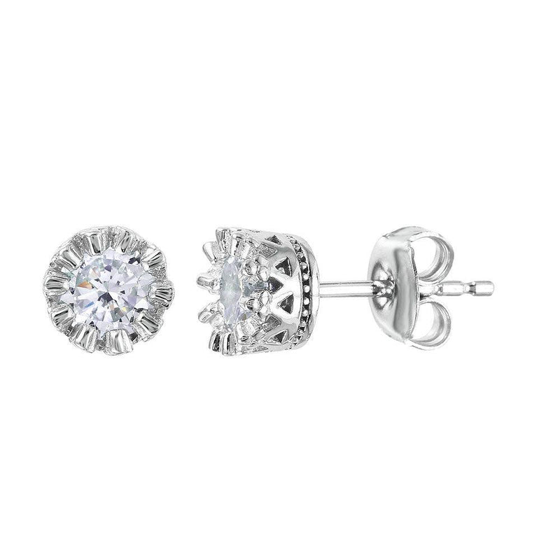 Silver 925 Rhodium Plated Crown Set Studs with Clear CZ Stone - GME00034RH-WHITE | Silver Palace Inc.