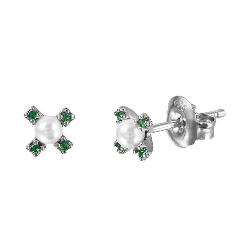 Silver 925 Rhodium Plated CZ Flower Studs with Synthetic Pearl - GME00035RH-GREEN | Silver Palace Inc.