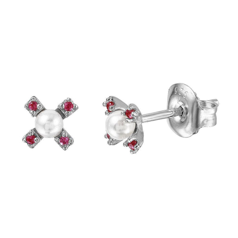 Silver 925 Rhodium Plated CZ Flower Studs with Synthetic Pearl - GME00035RH-RED | Silver Palace Inc.