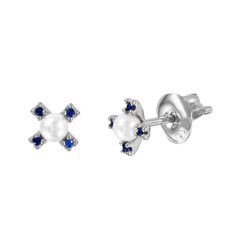 Silver 925 Rhodium Plated CZ Flower Studs with Synthetic Pearl - GME00035RH-BLU | Silver Palace Inc.