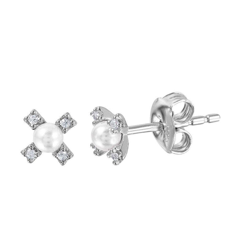 Silver 925 Rhodium Plated CZ Flower Studs with Synthetic Pearl - GME00035RH-WHITE | Silver Palace Inc.