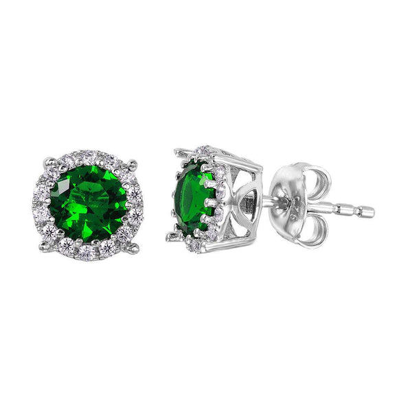 Silver 925 Rhodium Plated Halo Studs with Green CZ Stone - GME00037RH-GREEN | Silver Palace Inc.
