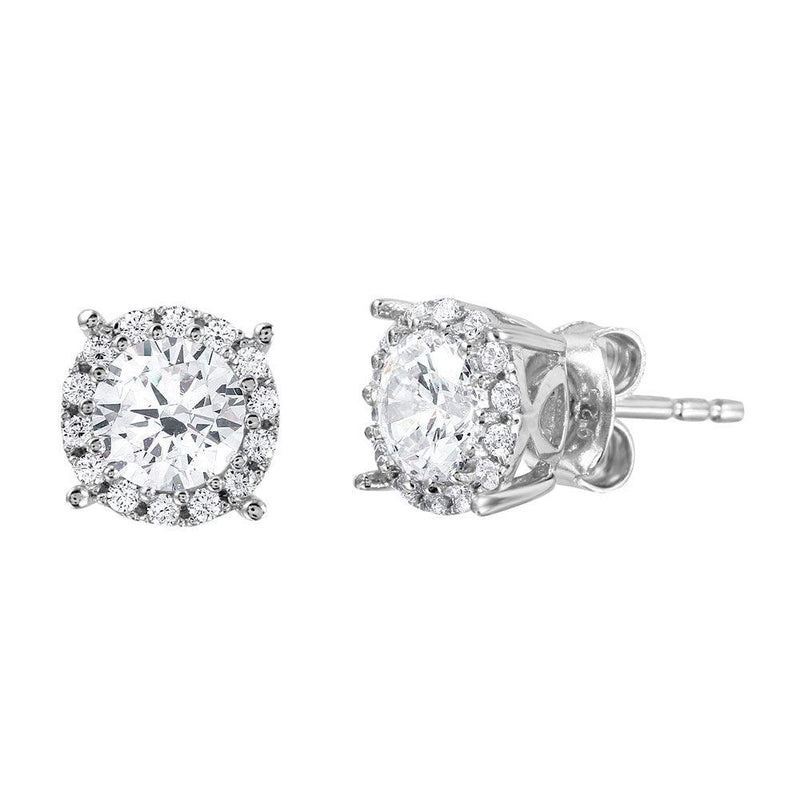 Silver 925 Rhodium Plated Halo Studs with Clear CZ Stone - GME00037-WHITE | Silver Palace Inc.