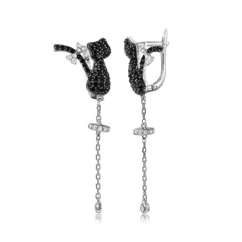 Silver 925 Rhodium Plated Black CZ Cat with Hanging Tale Leverback Earrings - GME00044BR-BLACK | Silver Palace Inc.