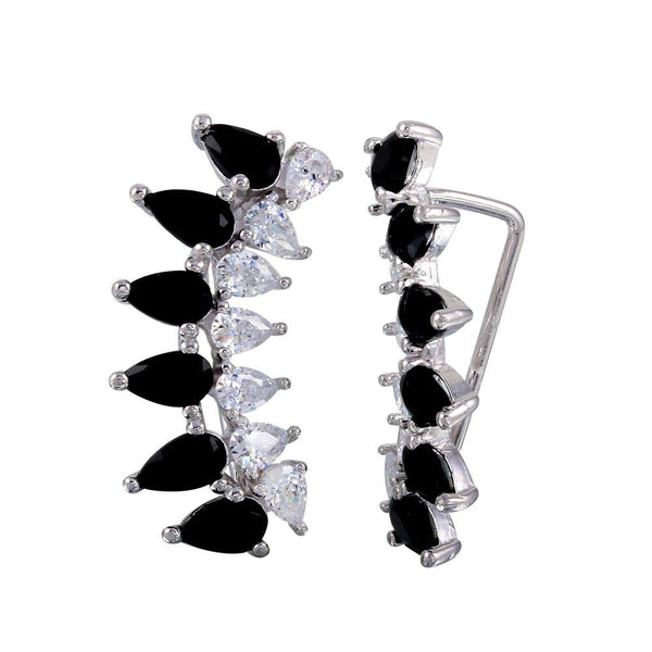 Silver 925 Rhodium Plated Pear Shape Black CZ Climbing Earrings - GME00059-BLACK | Silver Palace Inc.