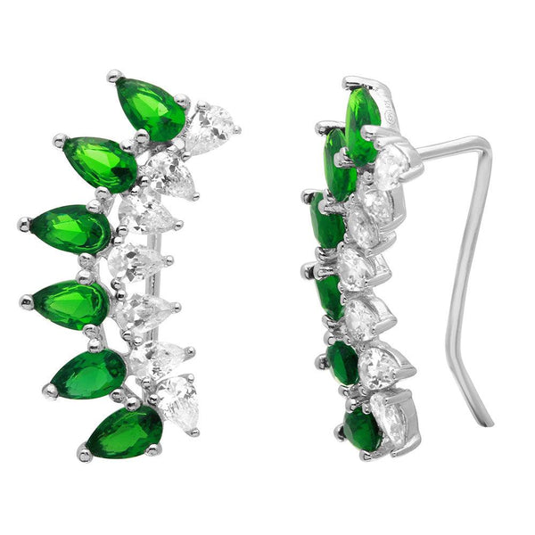 Silver 925 Rhodium Plated Pear Shape Clear and CZ Green Climbing Earrings - GME00059-GREEN | Silver Palace Inc.