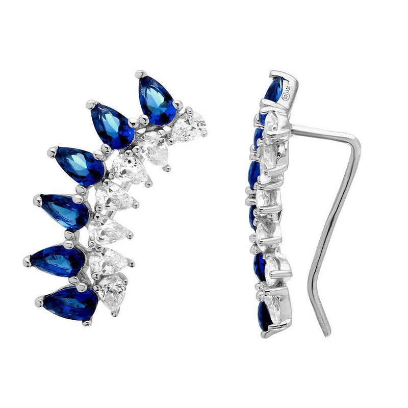 Silver 925 Rhodium Plated Pear Shape Clear and Blue CZ Climbing Earrings - GME00059-BLUE | Silver Palace Inc.