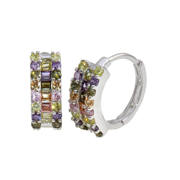 Silver 925 Rhodium Plated Multi-Colored CZ Stone huggie hoop Earrings - GME00064RBC | Silver Palace Inc.