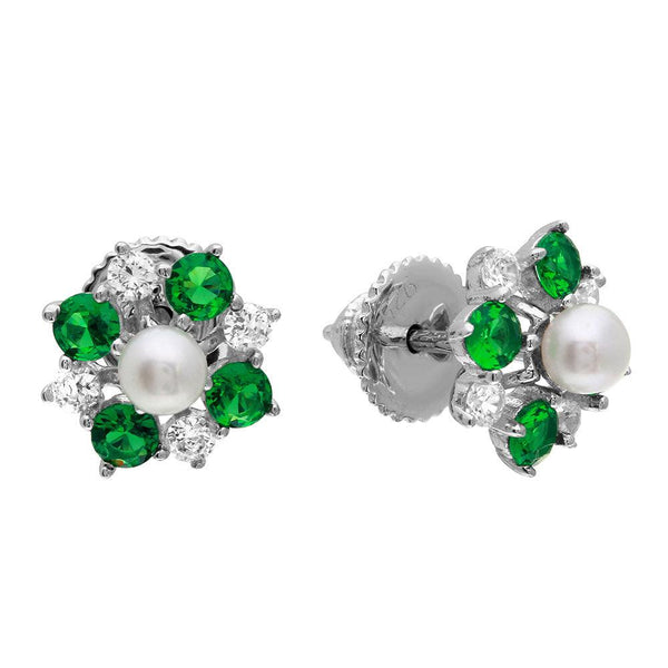 Silver 925 Rhodium Plated Green CZ Flower Earrings with Center Fresh Water Pearl - GME00065-MAY | Silver Palace Inc.