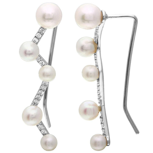 Silver 925 Rhodium Plated CZ and Fresh Water Pearl Climbing Earrings - GME00070 | Silver Palace Inc.