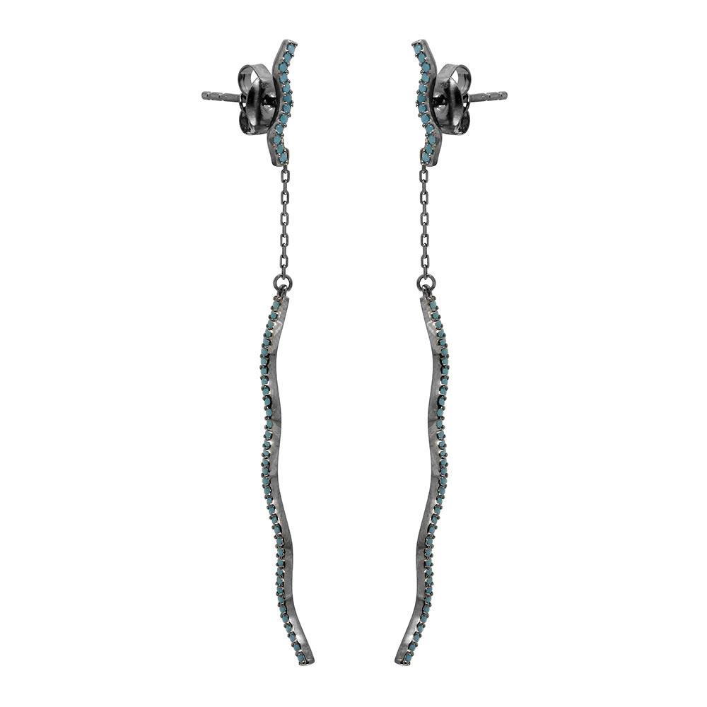 Silver 925 Black Rhodium Hanging Wavy Turquoise Stones Drop Earrings - GME00083BLK | Silver Palace Inc.