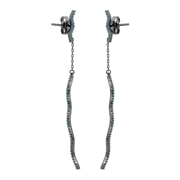 Silver 925 Black Rhodium Hanging Wavy Turquoise Stones Drop Earrings - GME00083BLK | Silver Palace Inc.