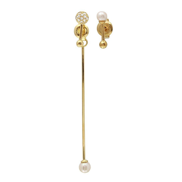 Silver Gold Plated Asymmetrical Front and Back Pin Earrings with CZ and Synthetic Pearl - GME00092GP | Silver Palace Inc.