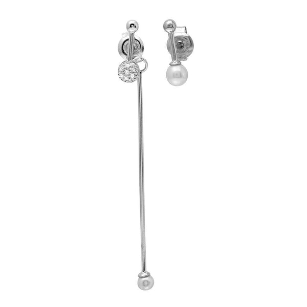 Silver 925 Rhodium Plated Asymmetrical Front and Back Pin Earrings with CZ and Synthetic Pearl - GME00092RH | Silver Palace Inc.