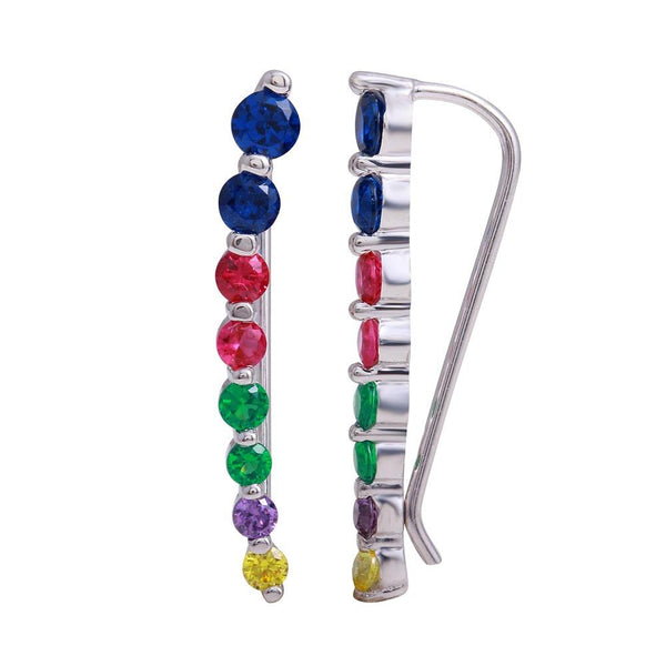 Silver 925 Rhodium Plated Round Multi-Colored CZ Stone Climbing Earrings - GME00116RBC | Silver Palace Inc.