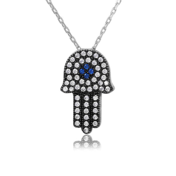 Silver 925 Rhodium Plated Black CZ Hamsa Necklace - GMN00004B-S | Silver Palace Inc.