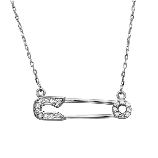 Silver 925 Rhodium Plated CZ Safety Pin Necklace - GMN00008RH | Silver Palace Inc.