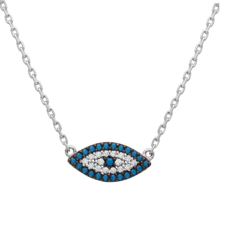 Silver 925 Rhodium Plated Turquoise and CZ Evil Eye Necklace - GMN00014RH-T | Silver Palace Inc.